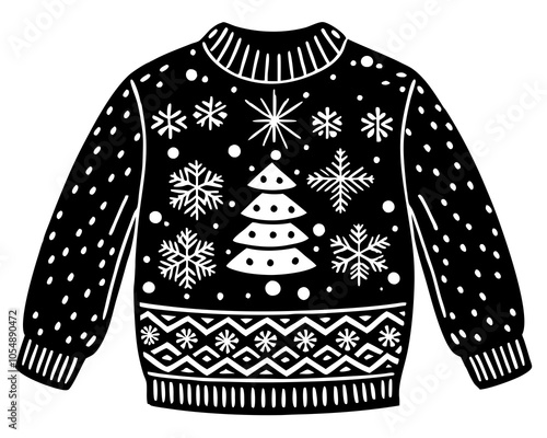 Christmas sweater silhouette,Christmas sweater with seasonal winter pattern line art illustration