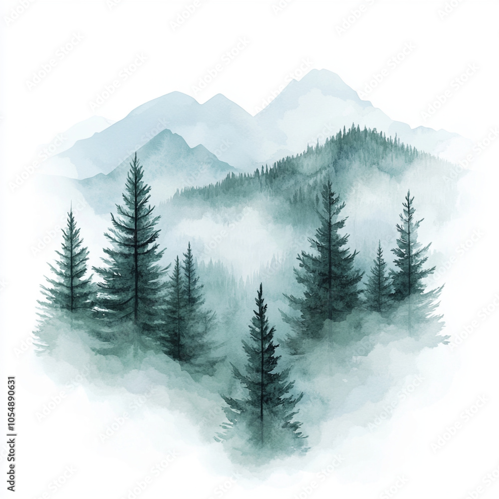Fototapeta premium Misty mountains with pine trees watercolor illustration, soft greens and blues, ethereal and dreamy atmosphere,Generative AI
