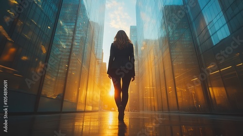 A woman walks towards a sunrise in a modern city, showcasing ambition and potential.