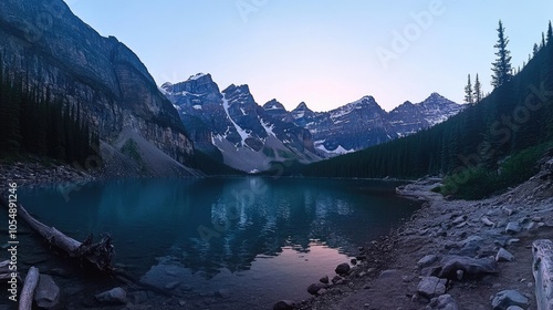 Panoramic view of Moraine Lake at dusk, with the sun setting behind the mountains and casting a warm glow over the tranquil waters. No people included.