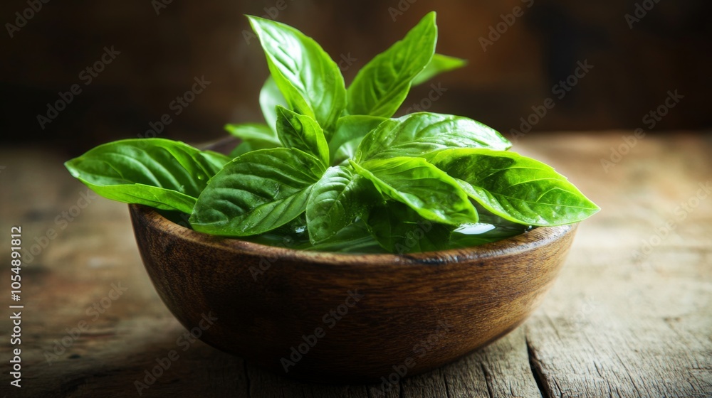 Fresh Basil in Rustic Wooden Bowl Fresh Basil in Rustic Wooden Bowl