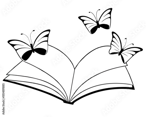 Open book and butterflies flying line art illustration