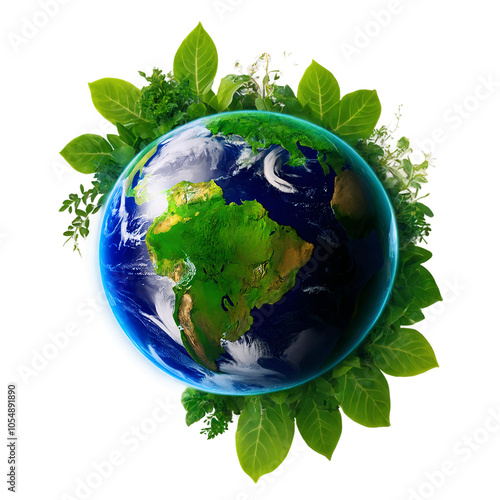Conceptual Representation of a Green Planet Highlighting Environmental Conservation and Sustainability on a Transparent Background for Eco-Friendly Initiatives