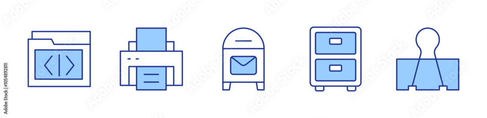 post office, filling cabinet, folder, printer, paper clip. icon vector illustration. Line Duotone style. Editable stroke post office, filling cabinet, folder, printer, paper clip. icon vector illustration. Line Duotone style. Editable stroke