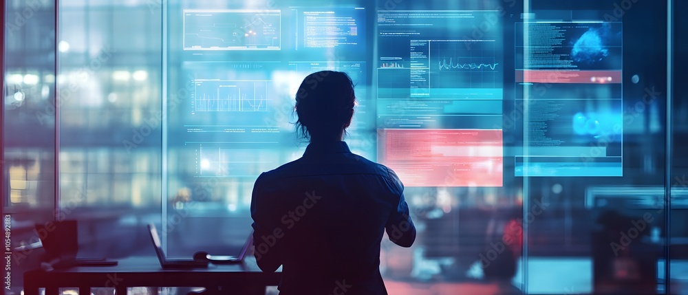 A professional analyzing data on digital screens in a modern workspace, showcasing technology and innovation. A professional analyzing data on digital screens in a modern workspace, showcasing technology and innovation.