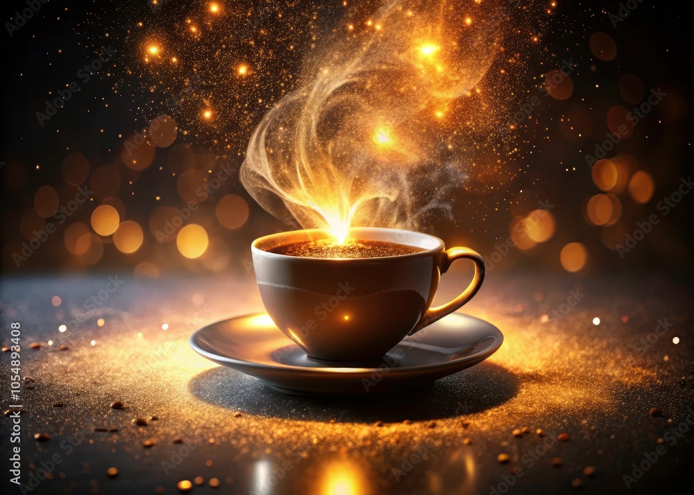 Captivating Drone Photography of a Glowing Coffee Cup Surrounded by Ethereal Light Effects and Swirling Particles Captivating Drone Photography of a Glowing Coffee Cup Surrounded by Ethereal Light Effects and Swirling Particles