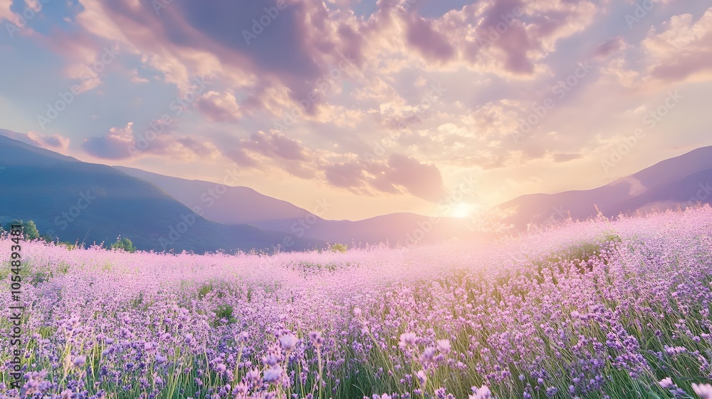 Obraz premium A serene landscape with lavender fields under a colorful sunset, showcasing nature's beauty and tranquil vibes.
