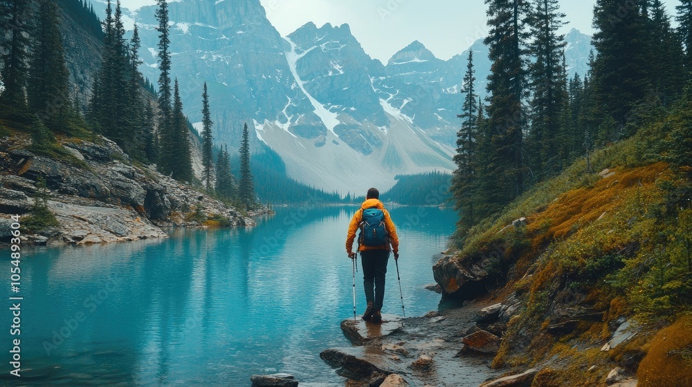 Scenic shot of Moraine Lake during the summer, with hikers exploring the trails and enjoying the stunning views of the Canadian Rockies. No people included. Scenic shot of Moraine Lake during the summer, with hikers exploring the trails and enjoying the stunning views of the Canadian Rockies. No people included.