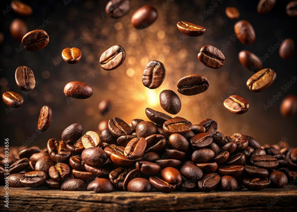 Obraz premium Captivating Product Photography of Elegant Coffee Beans Floating in Air - Premium Quality, Organic, Freshly Roasted, Gourmet Coffee, Aromatic, Dark Roast, Espresso Beans, Coffee Lovers, Artisan Coffee