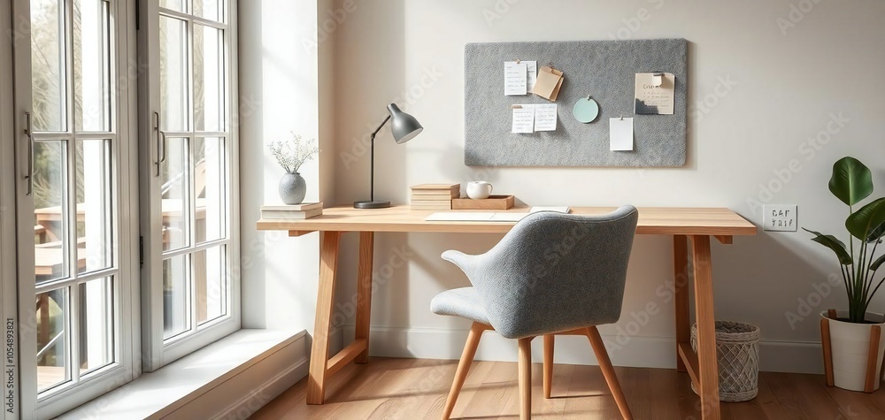 The image displays a cozy home office setup. The office features a wooden table with a lamp and various items on it, a grey armchair, and a window with a white frame..jpg The image displays a cozy home office setup. The office features a wooden table with a lamp and various items on it, a grey armchair, and a window with a white frame..jpg