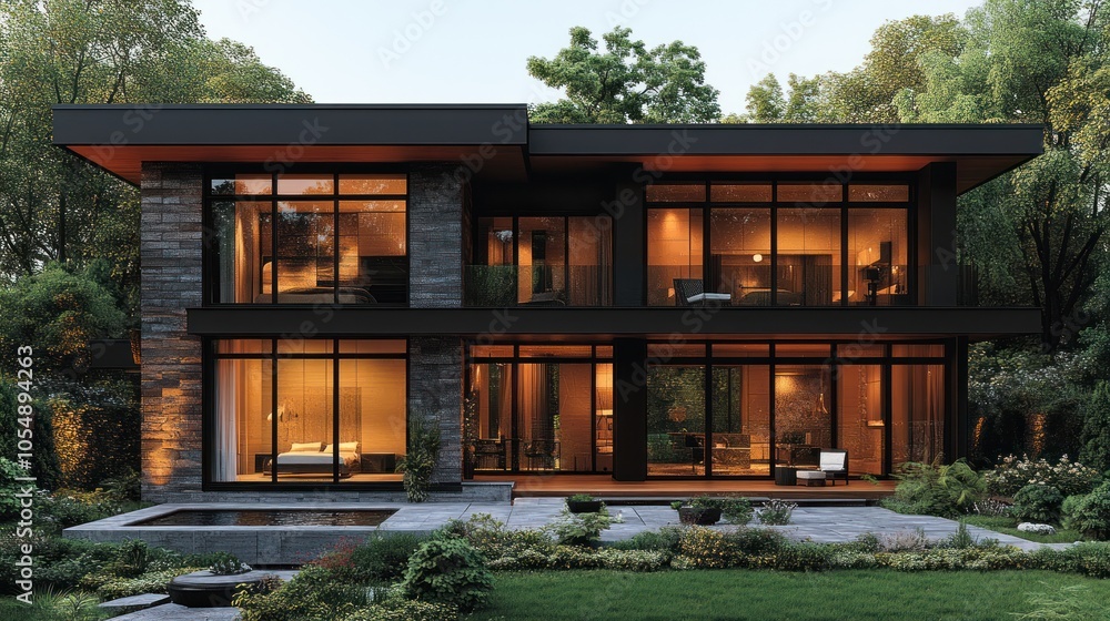 Modern two-story house with large windows and lush landscaping. Modern two-story house with large windows and lush landscaping.
