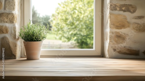 Wooden Windowsill with Plant