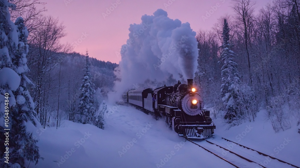 Classic Steam Engine Billowing Through Snowy Landscape Classic Steam Engine Billowing Through Snowy Landscape