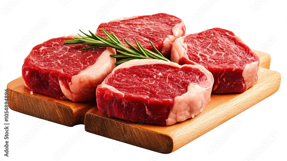 Fresh Raw Beef Steaks with Rosemary on Wooden Cutting Board Fresh Raw Beef Steaks with Rosemary on Wooden Cutting Board