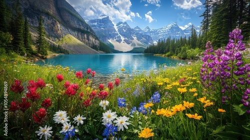 Scenic view of Moraine Lake framed by wildflowers in the foreground, capturing the vibrant colors of nature in full bloom. No people included.