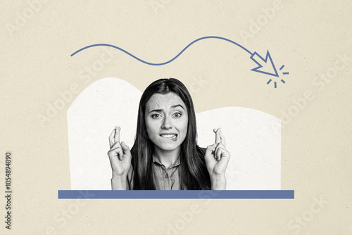 Composite trend artwork sketch collage of caricature young woman confused face nervous gesture pray want wish arrow down crisis decrease photo