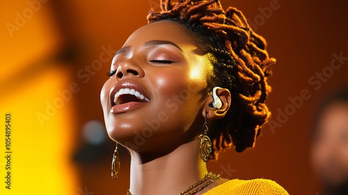 A young Black woman with dreadlocks sings with her eyes closed, bathed in warm yellow light.