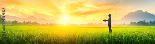 AI Drones in Agriculture: Candid Shot of Farmer in Japan Controlling Drones for Crop Monitoring, Showcasing Progress and Connectivity in Modern Farming Environment - Photo Stock Concept