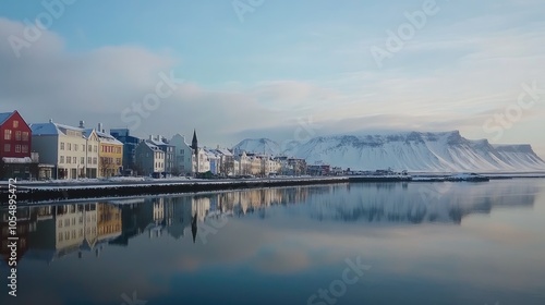 Scenic view of Reykjavik coastal road, with colorful buildings, the calm waters of the bay, and snow-capped mountains beyond. No people included.