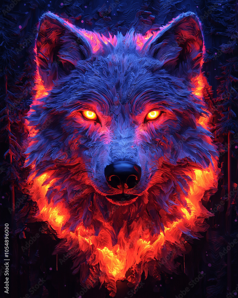 vivid wolf portrait engulfed in a glow that mimics flames, set against a dark forest backdrop with glowing eyes vivid wolf portrait engulfed in a glow that mimics flames, set against a dark forest backdrop with glowing eyes