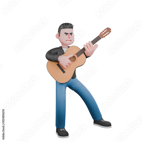 Animated 3D Music Performer. A male musician is standing holding a guitar, with an expression of playing the guitar. Cartoon Singer