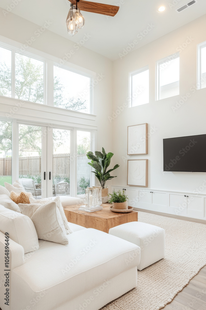 Fototapeta premium A bright and airy living room featuring white sectional sofa, wooden coffee table, and large windows that invite natural light. space is elegantly decorated with plants and minimalistic art, creating