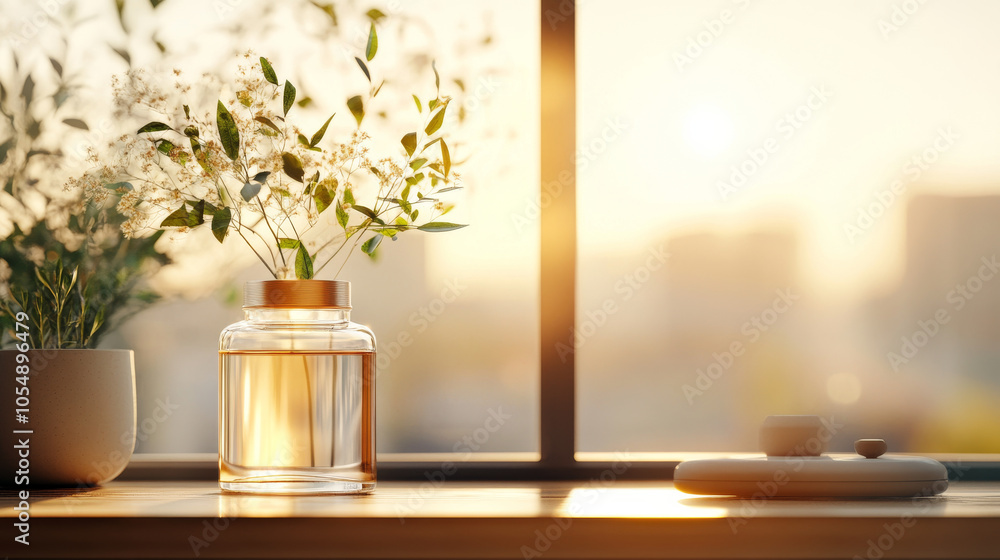 A serene scene featuring glass jar filled with water and delicate flowers, illuminated by warm sunlight streaming through window. soft glow creates peaceful atmosphere, perfect for relaxation A serene scene featuring glass jar filled with water and delicate flowers, illuminated by warm sunlight streaming through window. soft glow creates peaceful atmosphere, perfect for relaxation