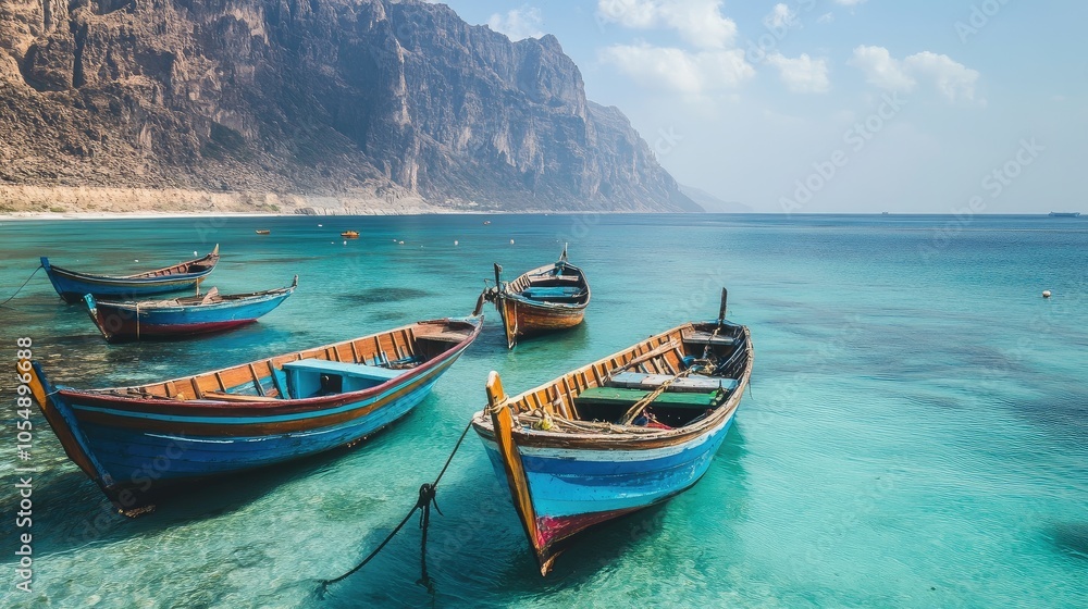 Scenic view of the traditional fishing boats anchored off the coast of Socotra Island, capturing the island's maritime culture. No people included. Scenic view of the traditional fishing boats anchored off the coast of Socotra Island, capturing the island's maritime culture. No people included.