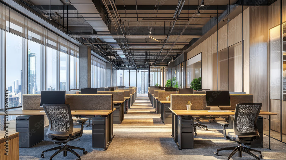 Stylish open plan office with modern desks and ergonomic chairs Stylish open plan office with modern desks and ergonomic chairs