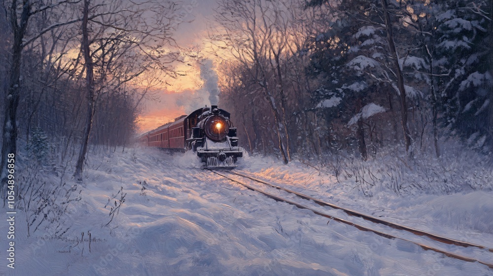 Train Moving Through Twilight Snowy Landscape Train Moving Through Twilight Snowy Landscape