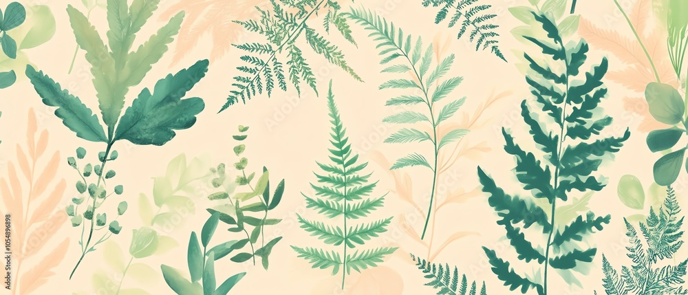 Vibrant green ferns on soft pastel background Vibrant green ferns on soft pastel background