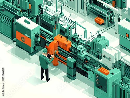 Flat Assembly Line Engineer Monitoring Automation | Industrial Engineer with Tablet in Smart Business | Wide Angle Shot of Automated Assembly Line Flow | Progress Control Vector Illustration