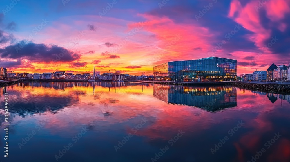Sunset over Reykjavik vibrant waterfront, with the modern Harpa Concert Hall reflecting the colors of the evening sky. No people included. Sunset over Reykjavik vibrant waterfront, with the modern Harpa Concert Hall reflecting the colors of the evening sky. No people included.