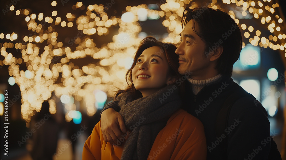 イルミネーションを楽しむ日本人カップル イルミネーションを楽しむ日本人カップル