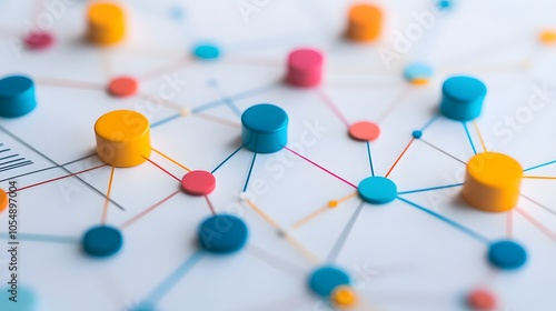 Abstract network design with colorful nodes and lines, symbolizing connectivity and collaboration in modern communication.