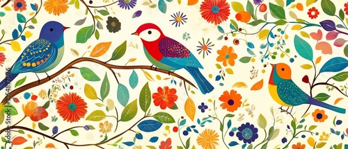 Colorful birds amidst floral design.