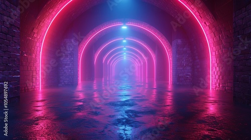 A vibrant, neon-lit tunnel with reflections on the wet ground, creating a futuristic ambiance.