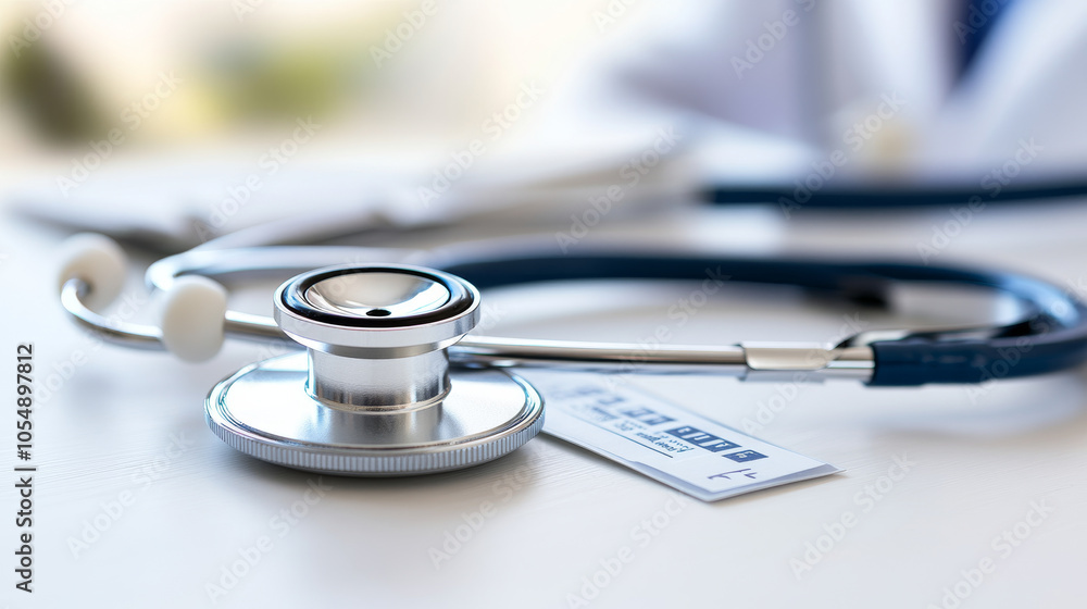 A stethoscope rests on clean surface, symbolizing healthcare and medical professionalism. shiny metal reflects light, creating sense of trust and care in medical field A stethoscope rests on clean surface, symbolizing healthcare and medical professionalism. shiny metal reflects light, creating sense of trust and care in medical field