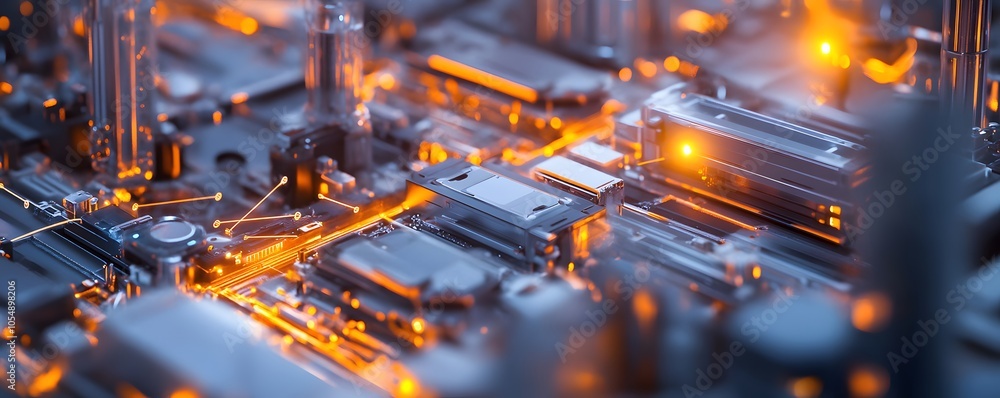 Close-up of a futuristic circuit board with glowing elements, showcasing advanced technology in electronics and digital design. Close-up of a futuristic circuit board with glowing elements, showcasing advanced technology in electronics and digital design.