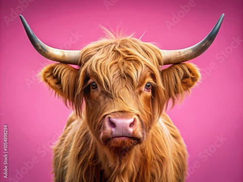 Cute Adult Highland Cow on Isolated Pink Background - Candid Photography of Adorable Farm Animals, Captivating Cows, Animal Portraits, and Unique Color Combinations for Stock Images