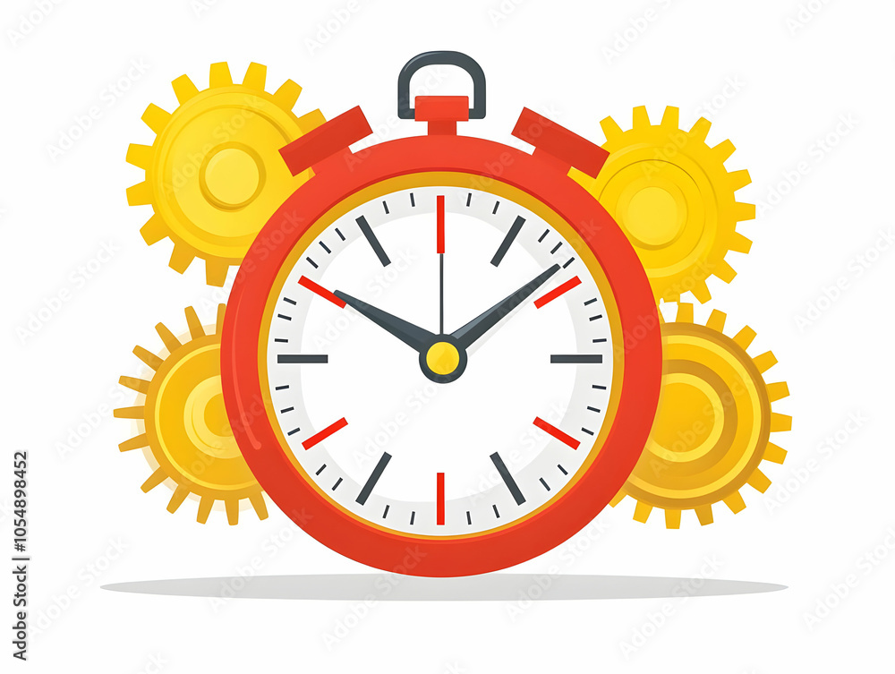 Flat Clock Icon with Floating Gears for Time Management and Innovation in Mechanical Systems - Infographic on Productivity and Efficiency in Simple Vector Design Flat Clock Icon with Floating Gears for Time Management and Innovation in Mechanical Systems - Infographic on Productivity and Efficiency in Simple Vector Design