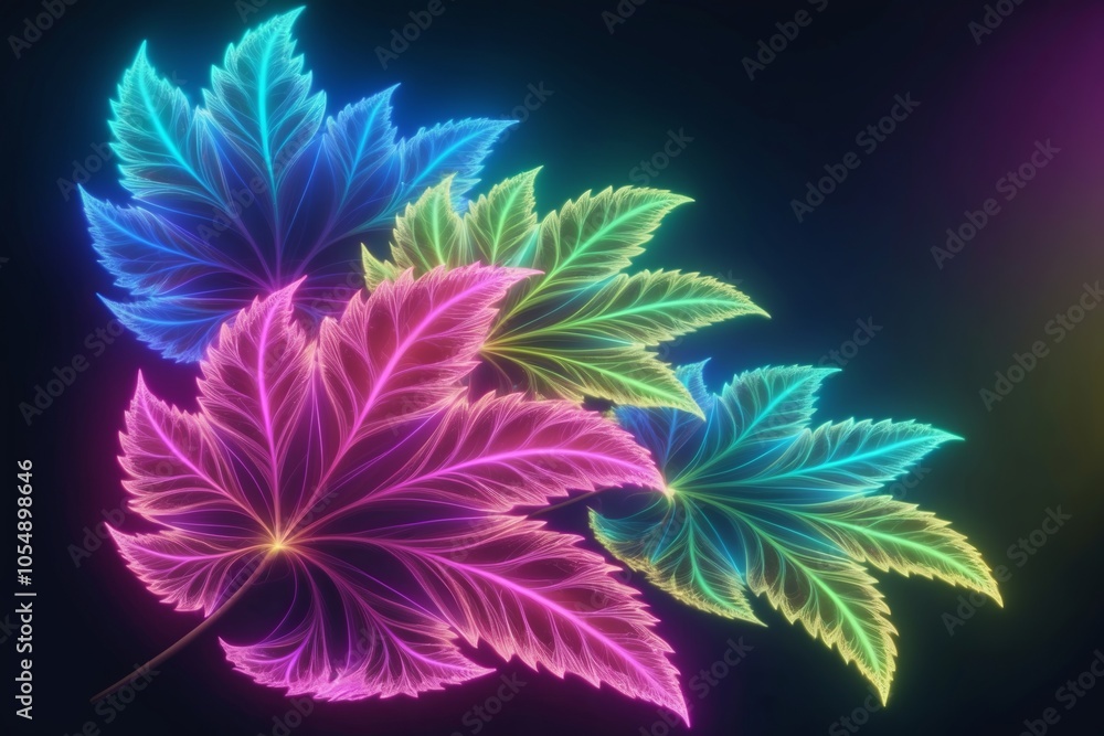 Soft glowing fractal Leaves in neon colors. Created with Generative AI Technology Soft glowing fractal Leaves in neon colors. Created with Generative AI Technology