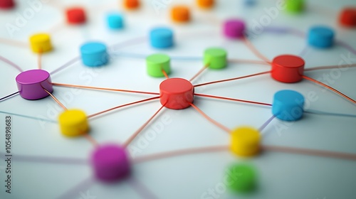 Colorful network of connections with plastic tokens and rubber bands, representing collaboration, communication, and data flow.