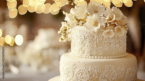 Elegant White Wedding Cake with Lace Detail and Flowers