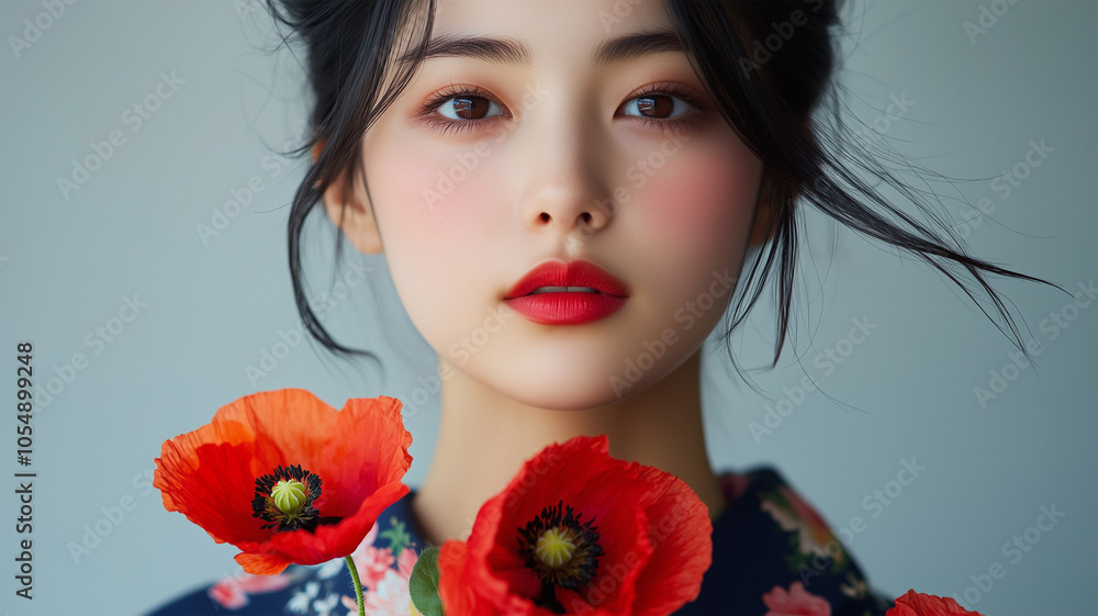 ポピーと着物姿の女性 ポピーと着物姿の女性