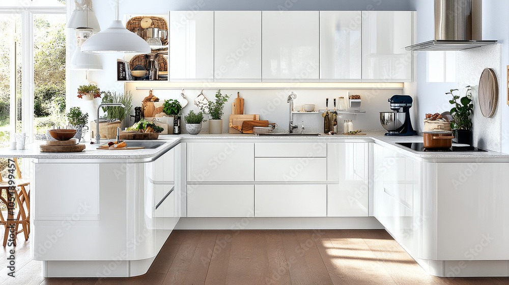 A modern kitchen featuring sleek white cabinetry, spacious layout, and natural light streaming in. design includes plants, kitchenware, and cozy atmosphere A modern kitchen featuring sleek white cabinetry, spacious layout, and natural light streaming in. design includes plants, kitchenware, and cozy atmosphere