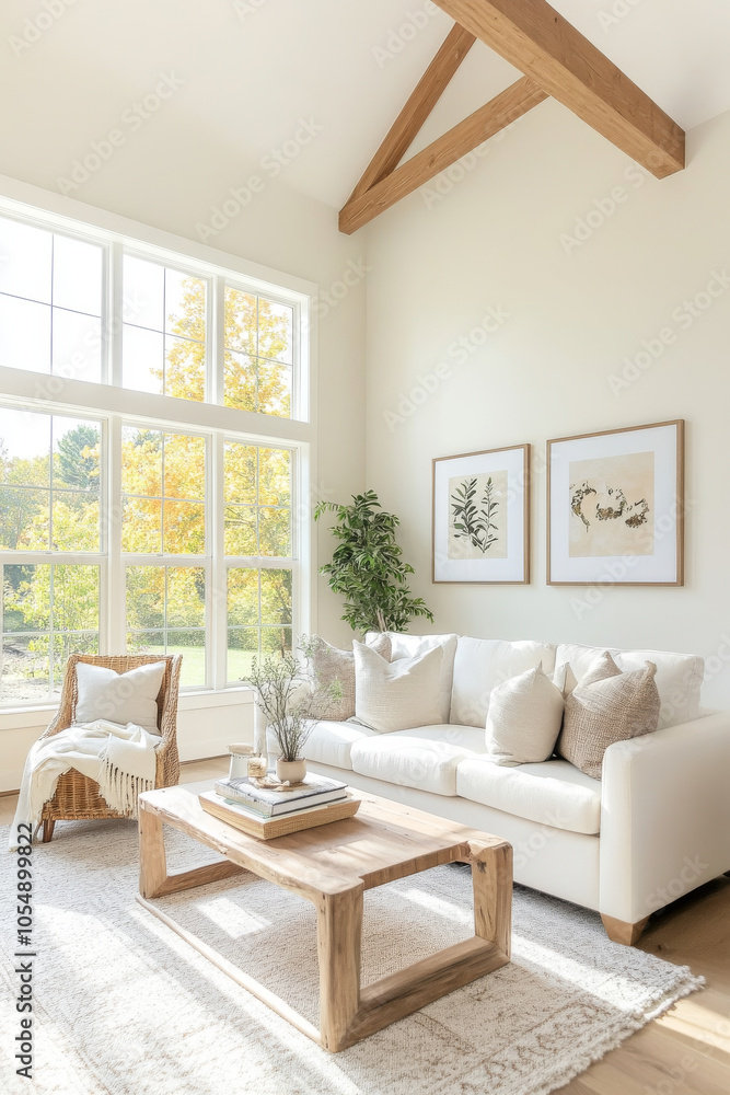 Fototapeta premium A bright and airy living room featuring white sofa adorned with decorative pillows, wooden coffee table, and large windows showcasing beautiful autumn view. space exudes warmth and comfort
