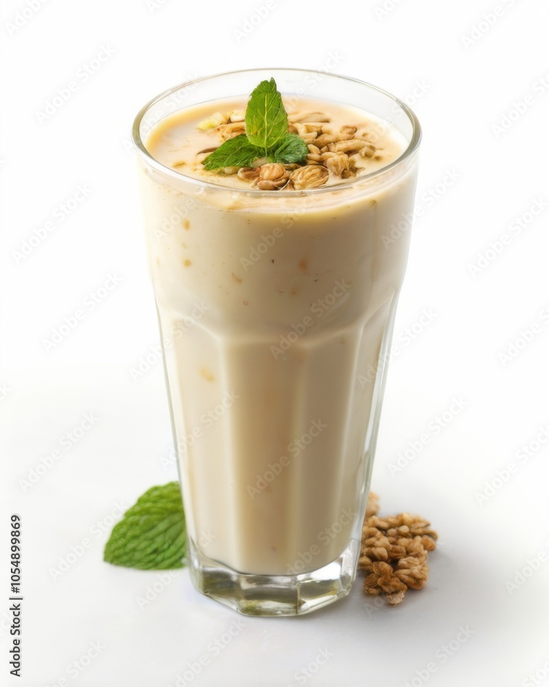 Creamy Brown Smoothie in Tall Glass with Granola, Mint Leaves, and White Background Fresh and Appealing Milkshake Concept Creamy Brown Smoothie in Tall Glass with Granola, Mint Leaves, and White Background Fresh and Appealing Milkshake Concept