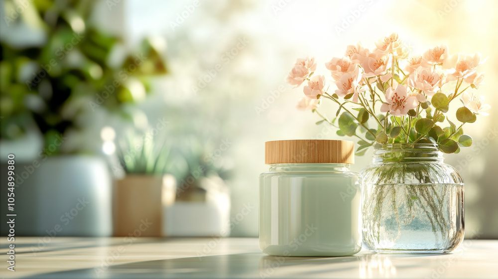 A serene scene featuring glass jar filled with flowers and cream jar, illuminated by soft sunlight. This composition evokes sense of tranquility and natural beauty A serene scene featuring glass jar filled with flowers and cream jar, illuminated by soft sunlight. This composition evokes sense of tranquility and natural beauty