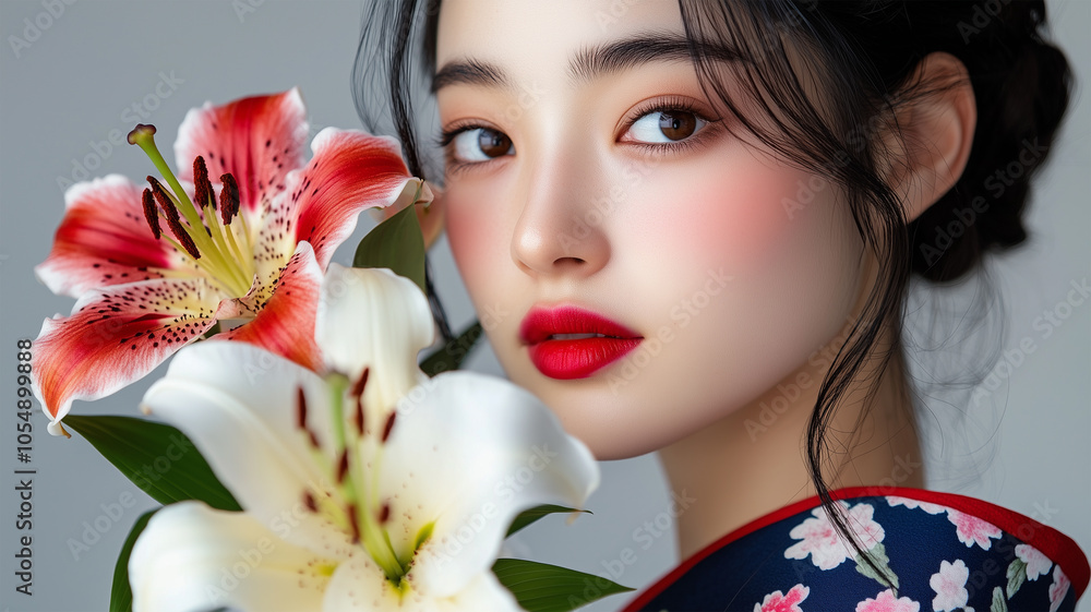 Fototapeta premium 百合と着物姿の女性